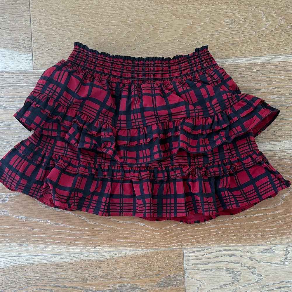 LoveShackFancy Red and Black Plaid Mini Skirt